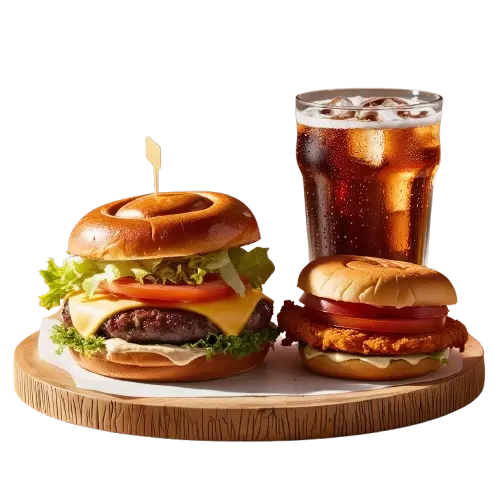 2 burgers with drink on a tray 
