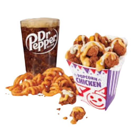 sauced popcorn with curly fries and drink