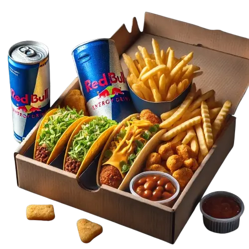 Red Bull drink and fries
+ wing + tacos in a box